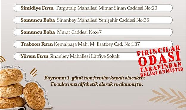 Bayramın “Nöbetçi Fırın” Listesi Belli Oldu