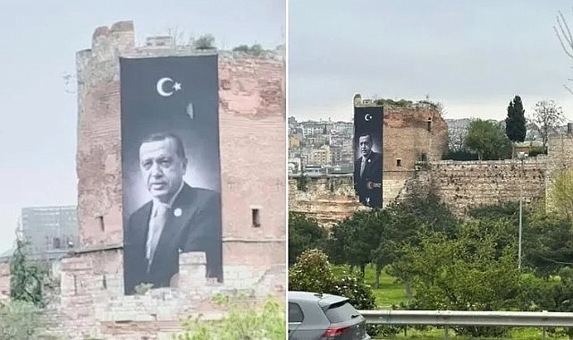 İstanbul’un tarihi surlarındaki Erdoğan afişi kaldırıldı