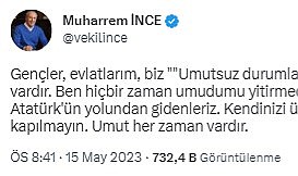 Muharrem İnce seçim sonuçlarının ardından sessizliğini bozdu: Umut her zaman vardır