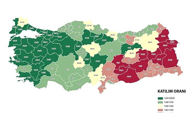 Türkiye’de il il 14 Mayıs seçimlerine katılım haritası