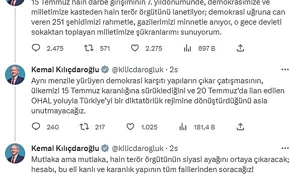 Kılıçdaroğlu’ndan 15 Temmuz paylaşımı