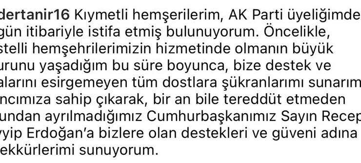 Kestel Belediye Başkanı Önder Tanır AK Parti’den istifa etti! Kestel Belediye Başkanı Önder Tanır AK Parti’den istifa ettiğini sosyal medya hesabından duyurdu.