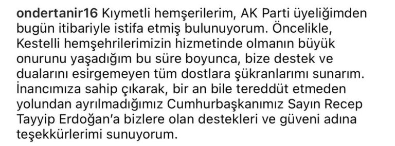 Kestel Belediye Başkanı Önder Tanır AK Parti'den istifa etti! Kestel Belediye Başkanı Önder Tanır AK Parti'den istifa ettiğini sosyal medya hesabından duyurdu.
