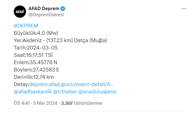 Muğla’da 4 büyüklüğünde deprem meydana geldi!