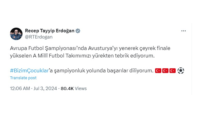 Liderlerden Milli Takıma tebrik mesajı