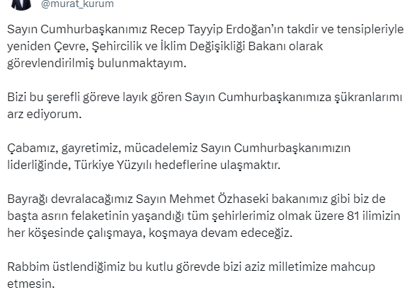 Yeni Bakan Murat Kurum oldu