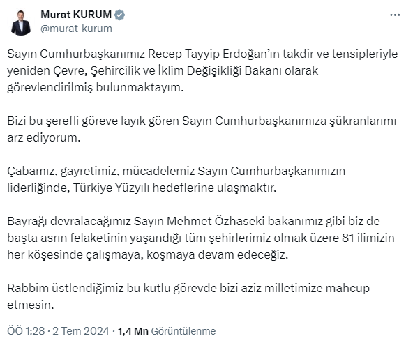 Yeni Bakan Murat Kurum oldu