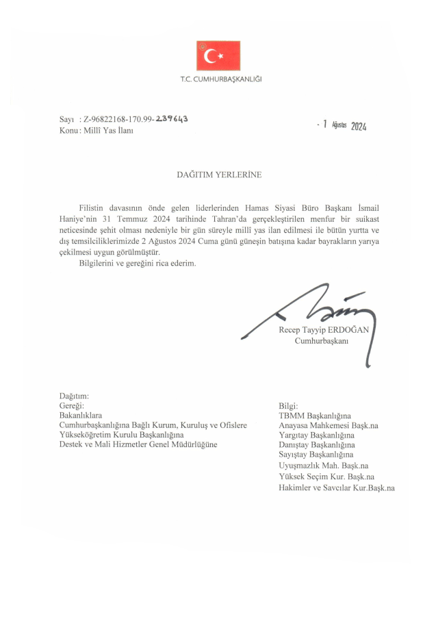 Türkiye'de milli yas kararı