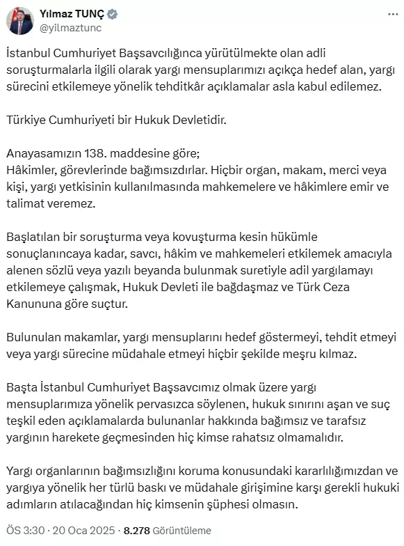 Bakan Tunç'tan ilk açıklama