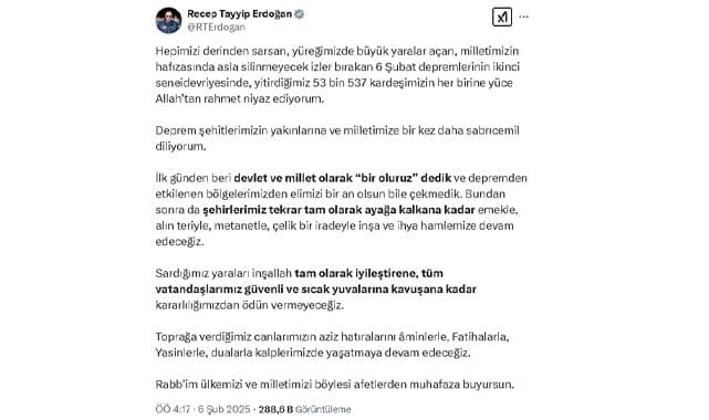 Cumhurbaşkanı Erdoğan’dan 6 Şubat Mesajı