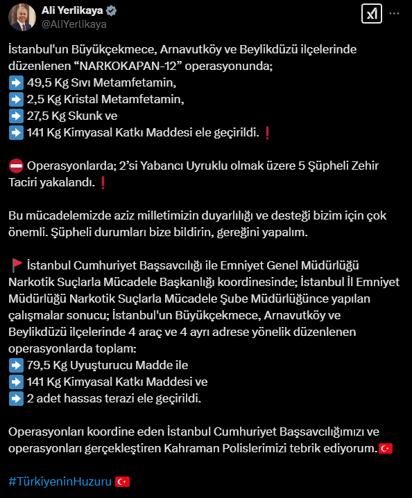 İstanbul'da "NARKOKAPAN-12" Operasyonu
