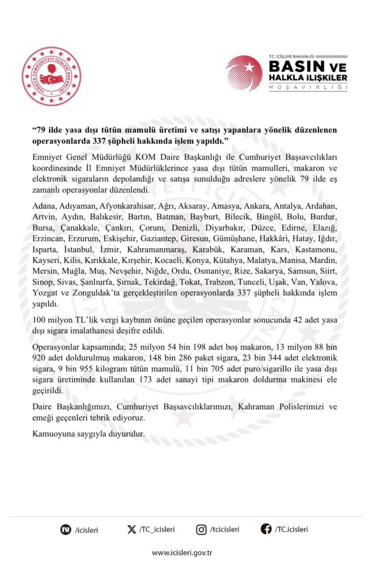 79 ilde kaçak tütün operasyonu: 337 şüpheliye işlem